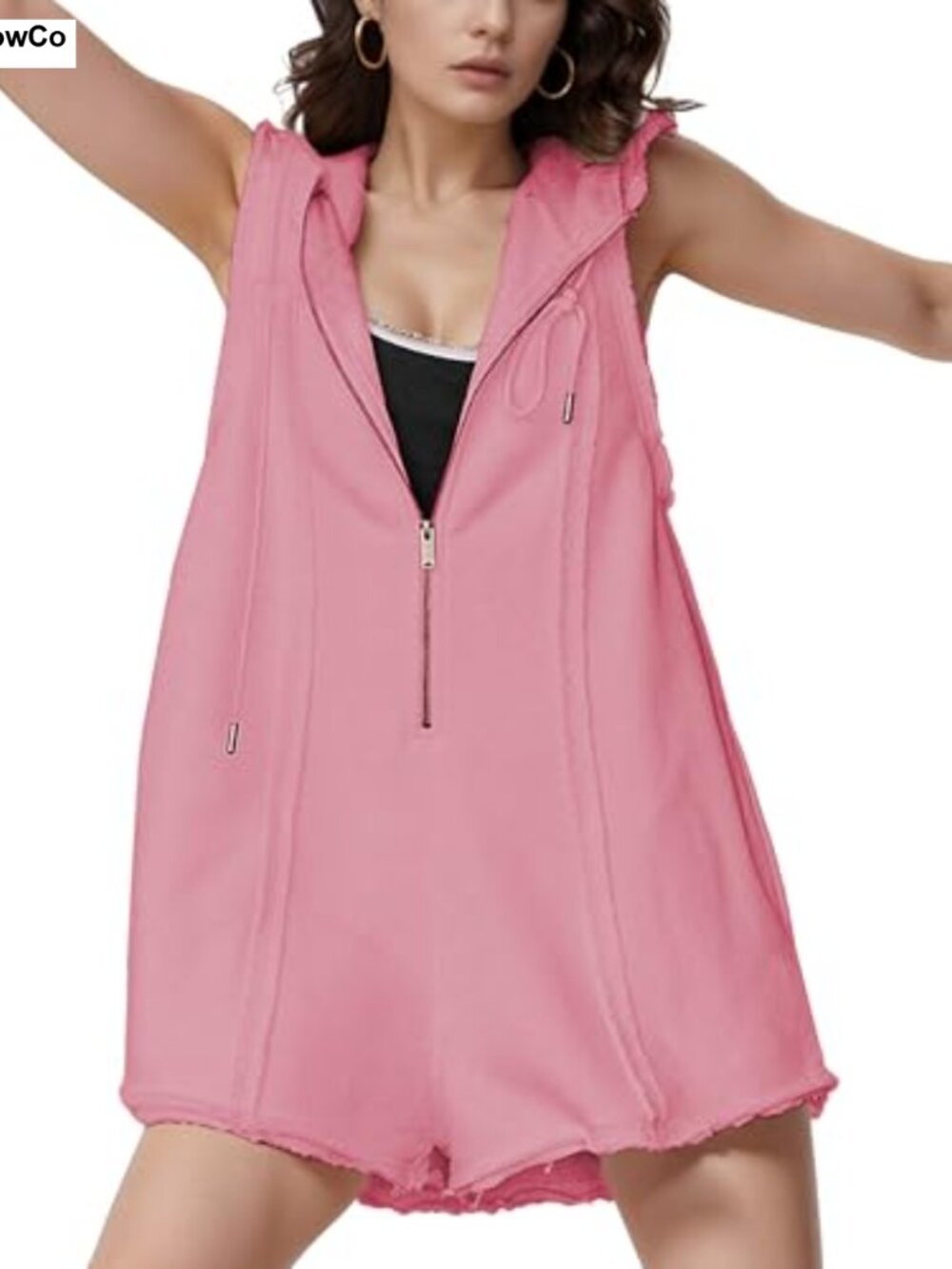 Sleeveless Hooded Romper for Women Athletic Jumpsuit with Pockets Cotton French
